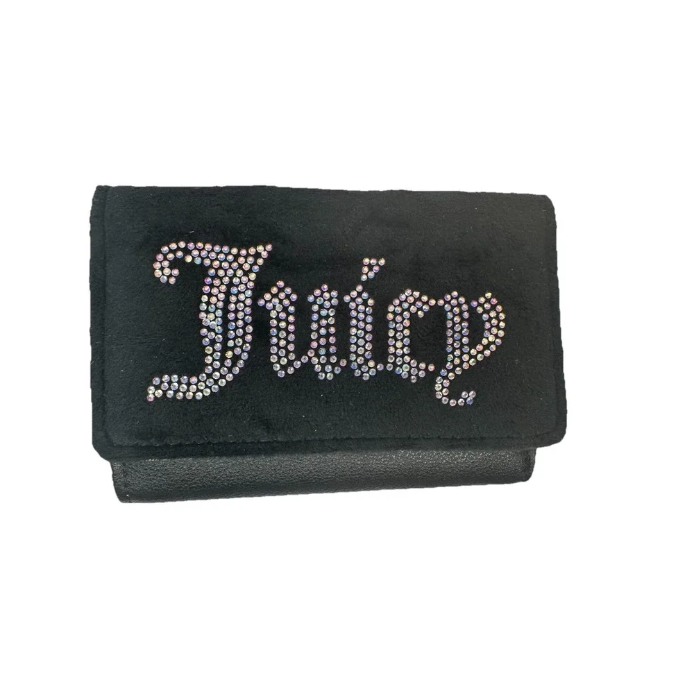 Juicy Couture Black Rhinestone Logo Trifold Wallet Faux Leather NWT Gift Box